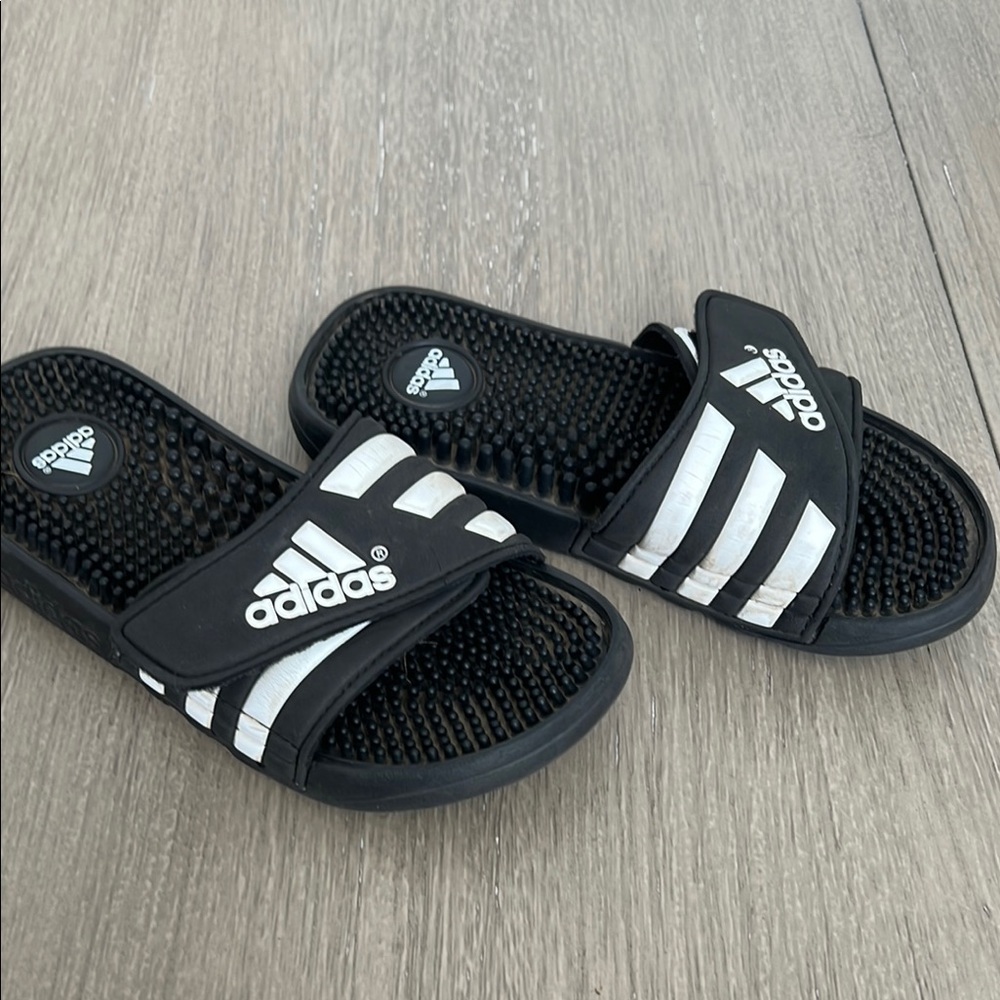 Adidas Black and White Sandals with Signature Stripes